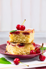 Tart Cherry Cake with Powdered Sugar. Selective focus.
