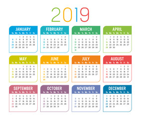 Year 2019 calendar vector template - obrazy, fototapety, plakaty