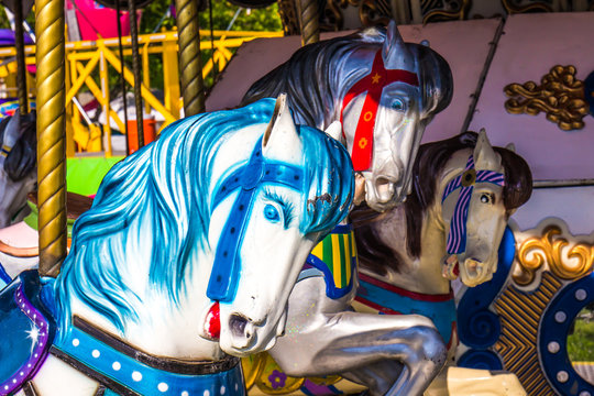Close Up Of Horses On Merry Go Round Carousel