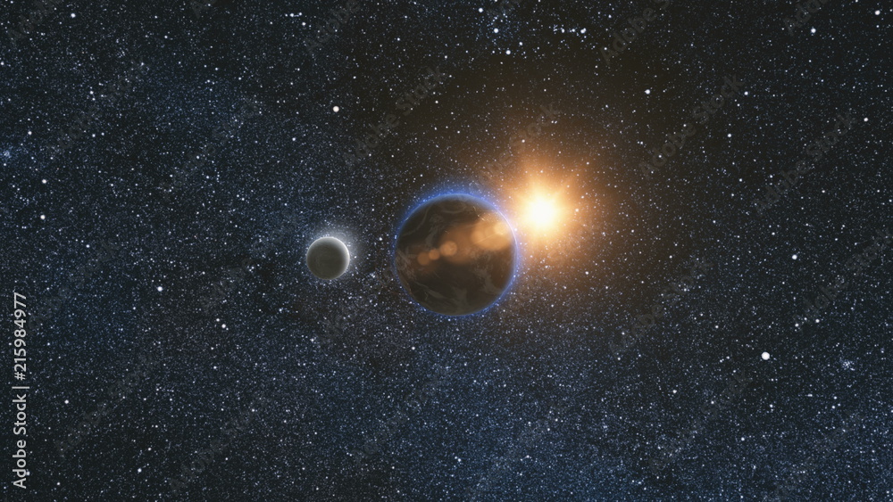 Wall mural sunrise view from space on planet earth and moon rotating in space against the background of the sta