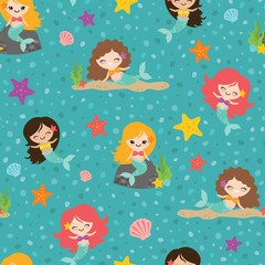 Vector Teal Mermaid Girls Seamless Pattern Background