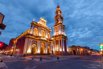 Fototapeta na wymiar San Francisco Church at night - Salta, Argentina