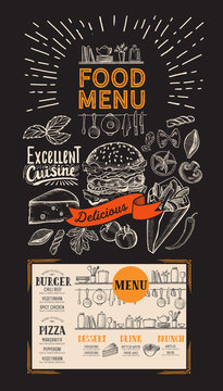 Food menu for restaurant. Vector flyer with kitchen utensils on blackboard background. Design template with vintage hand-drawn illustrations.