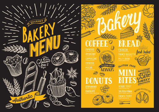 Bakery menu for restaurant. Design template with food hand-drawn graphic illustrations. Vector food flyer for bar and cafe on blackboard background.