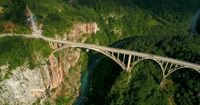 Aerial View of Durdevica Tara Arc Bridge in the Mountains, One of the Highest Automobile Bridges in Europe.