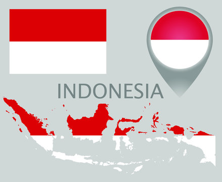 Colorful Flag, Map Pointer And Map Of Indonesia In The Colors Of The Indonesian Flag. High Detail. Vector Illustration