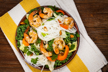 Rice Noodle Kale Salad with Shrimp. Selective focus.