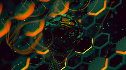 Abstract crypto cyber security technology on global network background. Digital theme. 3D illustration