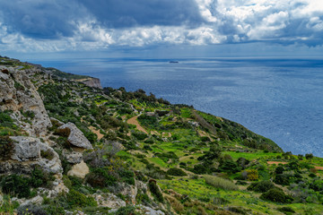 Mediterranean coastline of Malta island from high point.