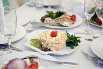Exquisite table with food. Luxury feast at the Banquet.   