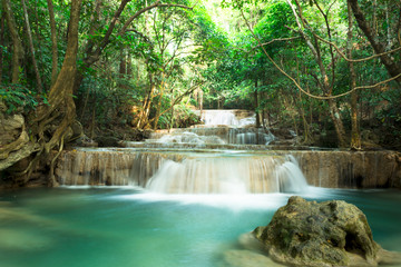 Waterfall Huay Mae Kamin in deep forest with beautiful , in Thailand