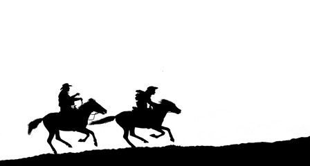 Fototapeta na wymiar silhouette cowboy riding horse on white background
