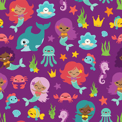 Vector Purple People of Color Mermaids and Friends Seamless Pattern Background