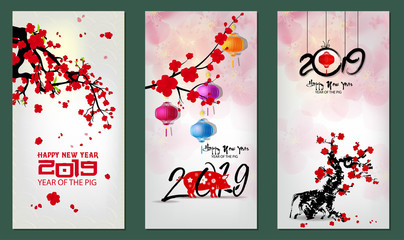 banner happy new year 2019 greeting card and chinese new year of the pig