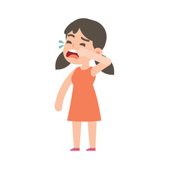 Cute little girl crying, vector character illustration.