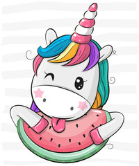 Cute Cartoon Unicorn with watermelon