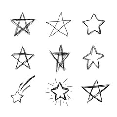 Vector Hand Drawn Doodle Stars, Scribble Drawings, Black Lines Isolated on White Background.