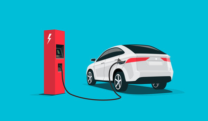 Flat vector illustration of a white electric car suv charging at the red charger station. Electromobility e-motion concept.