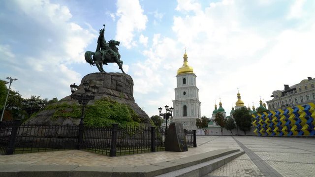 Beautiful wide angle shot of Sophie Square with the Bohdan Khmelnytsky Monument and the St Michaels bell tower