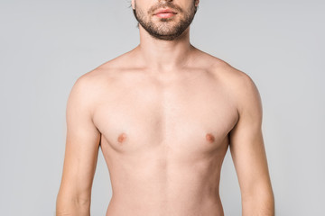 cropped shot of shirtless man isolated on grey