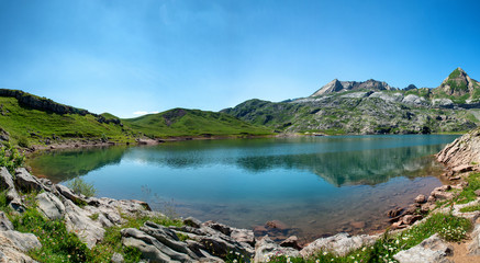 view of lake Estaens in the Pyrenees mountains