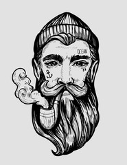 Head of a man with a beard and a smoking pipe. Сharacter of a sailor. Tattoo or print. Hand drawn illustration converted to vector - obrazy, fototapety, plakaty