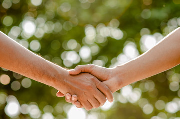 Shake hands in park.finishing up a meeting.Men shaking hands..