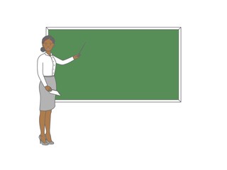 Young female teacher on lesson at blackboard in classroom. Teacher with pointer, teacher showing on board.