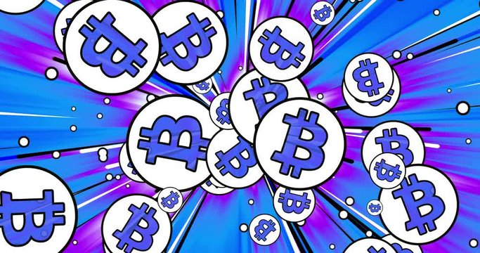 blue comic bitcoin burst, explosive and perspective, jackpot, digital currency, retro pop art design, 4k loop