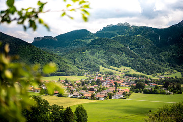 Panoramic View over Aschau im Chiemgau from above in summer on a beautiful day
