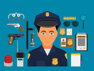 Vector illustration with policeman. Flat style. Elements for infographic.