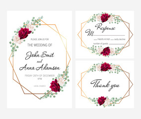 Beautiful modern geometric wedding invitation set with dark and white roses. This wedding invitation template set includes four templates: invitation card, rsvp card and thank you card.