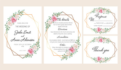 Beautiful modern geometric wedding invitation set with blush pink and white roses. This wedding invitation template set includes four templates: invitation card, rsvp card, details and thank you card.