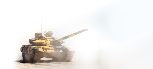 Military or army tank ready to attack and moving over a deserted battle field terrain. a lot of...
