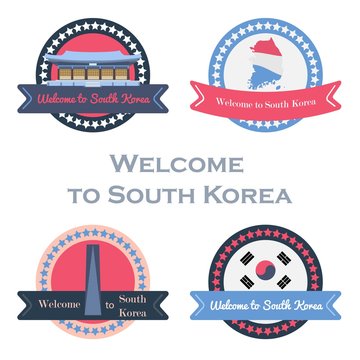 Korean welcome stickers set in flat style.