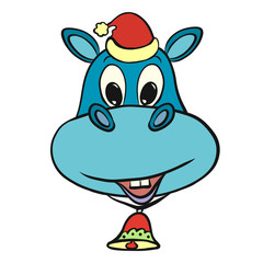 Cheerful kind hippopotamus in a Christmas hat, with a bell