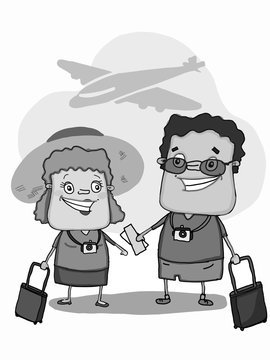 cartton cute couple and plane background  grey colors and 