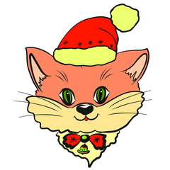 Cute kitten in a hat for Christmas, with a bow and bell