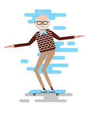 Vector colorful flat style illustration of an old man skateboarding. The pensioner is having fun. The old man leads an active sport life