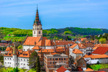 Fototapeta premium Marija Bistrica aerial scenery. / Aerial view at religious place Marija Bistrica in Norhern Croatia, famous travel place in Europe.