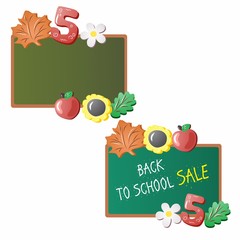 back to school. Sale before the school year. Sale of school supplies. Template with empty board. Template for postcards. Logo school. 