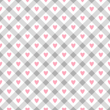Cute seamless vector pattern with pink hearts and rhombus shapes