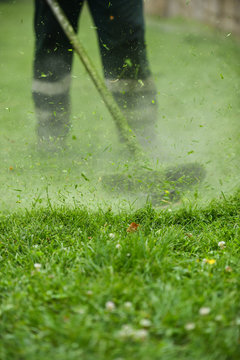 Law Mower Man Trimming Grass In The City