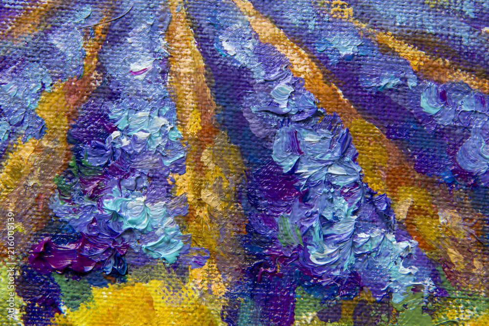 Poster blue purple lavender field fragment of painting - textural fragment of tuscany landscape painting. i