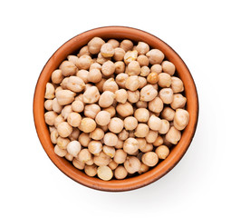 Raw chickpea in wooden plate, isolated on white