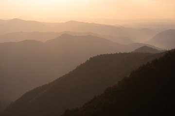 Misty mountains during sunset