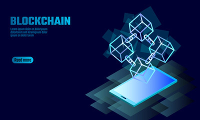 Blockchain cube chain symbol on smartphone gadget screen. Blue neon glowing modern trend. Cryptocurrency finance bitcoin business concept vector illustration background template