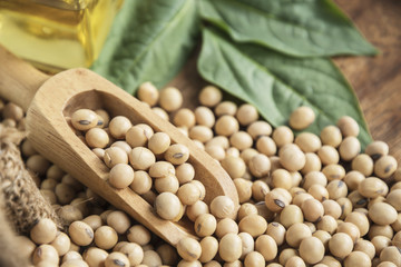 closeup is some soybeans with wooden spoon