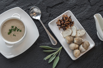 Delicious soup puree with wild mushrooms.