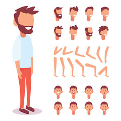 Flat Vector Guy character for your scenes. Character creation set with various views, face emotions, lip sync and poses. Parts of body template for design work and animation